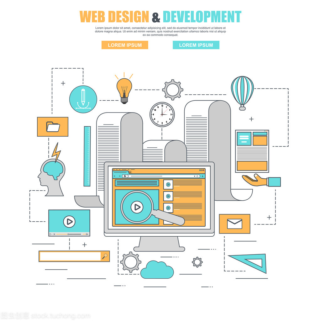 细线平面设计概念为过程 web 设计和开发网站的